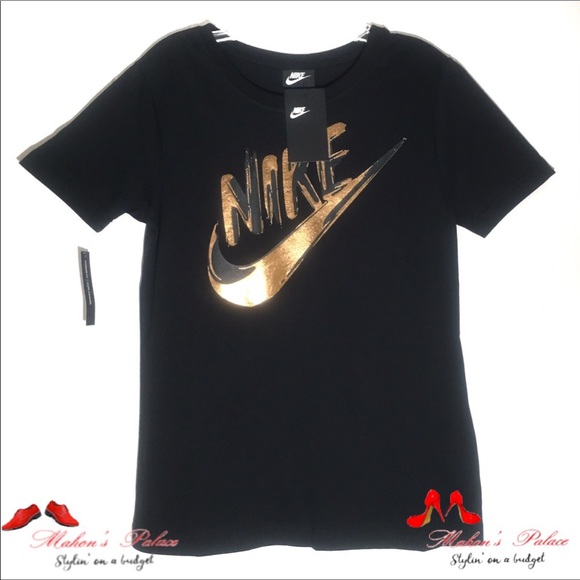 Nike Black/Gold Metallic Print Short Sleeve Tees - Picture 2 of 4